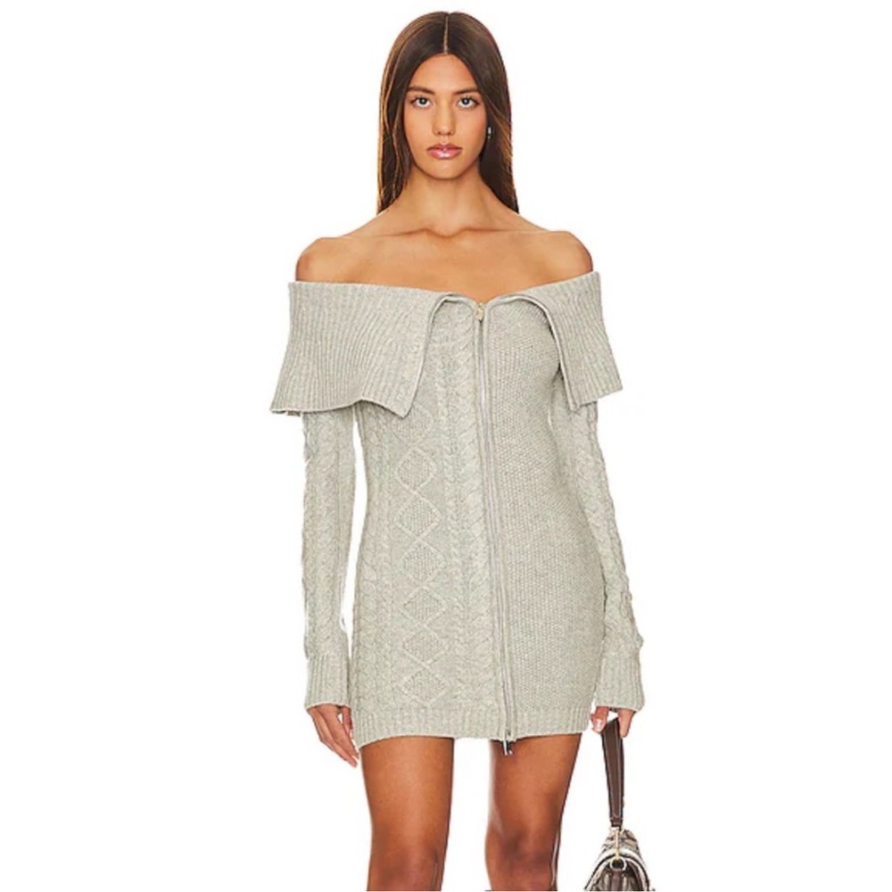 Camila Coelho x Revolve - Gray Off-Shoulder Cable Knit Sweater